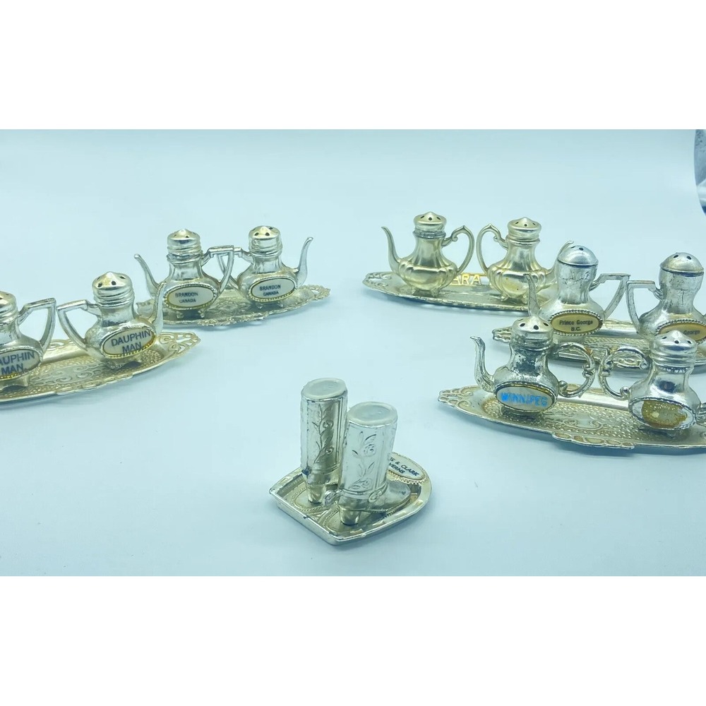 Vintage Mini Salt & Pepper Sets Lot Of 6 Canada Lewis Clarke Caverns Silver Tone